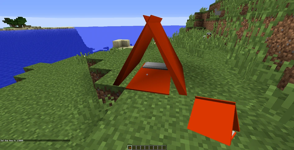 Zdjęcie z modyfikacji w Minecraft dodająca namiot jako sposób na sen.