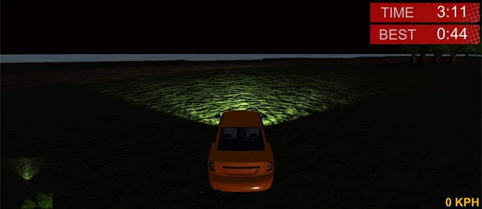 Samochód w nocy z zapalonymi światłami w grze samochodowej